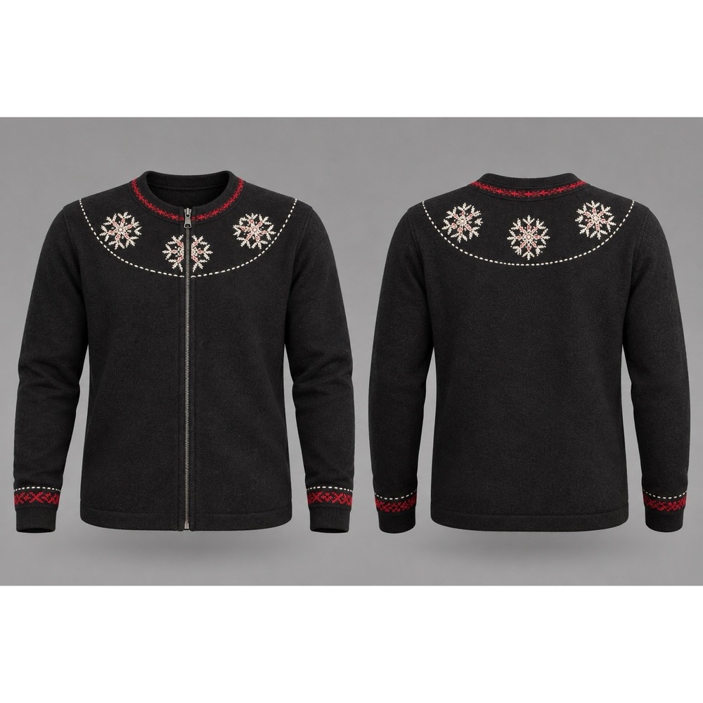 Woolrich sweater Women's XL 100% Wool black embroidered snowflakes full zip